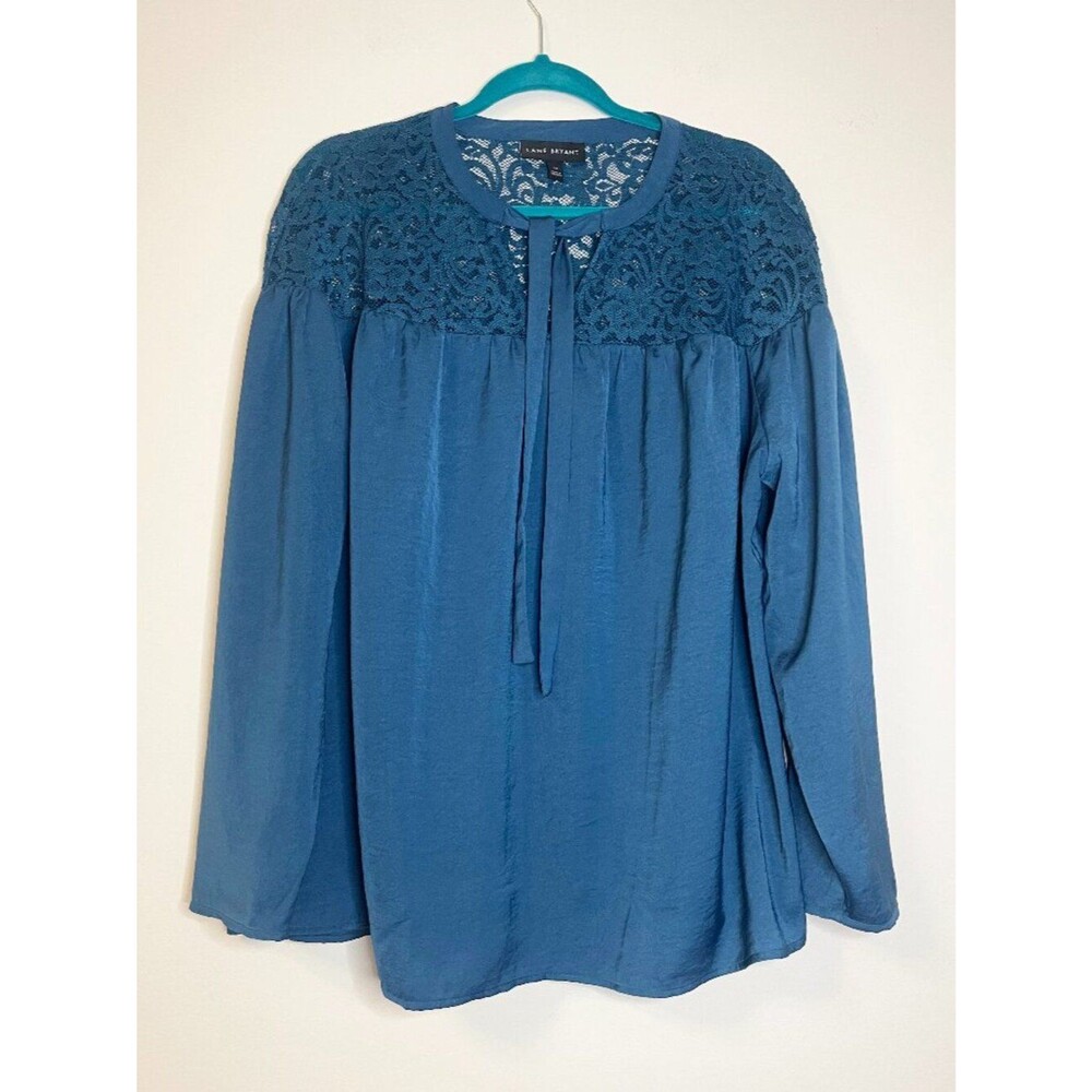 Lane Bryant Size 16 Teal Lace Yoke Tie Neck Blouse Long Sleeve Boho Top